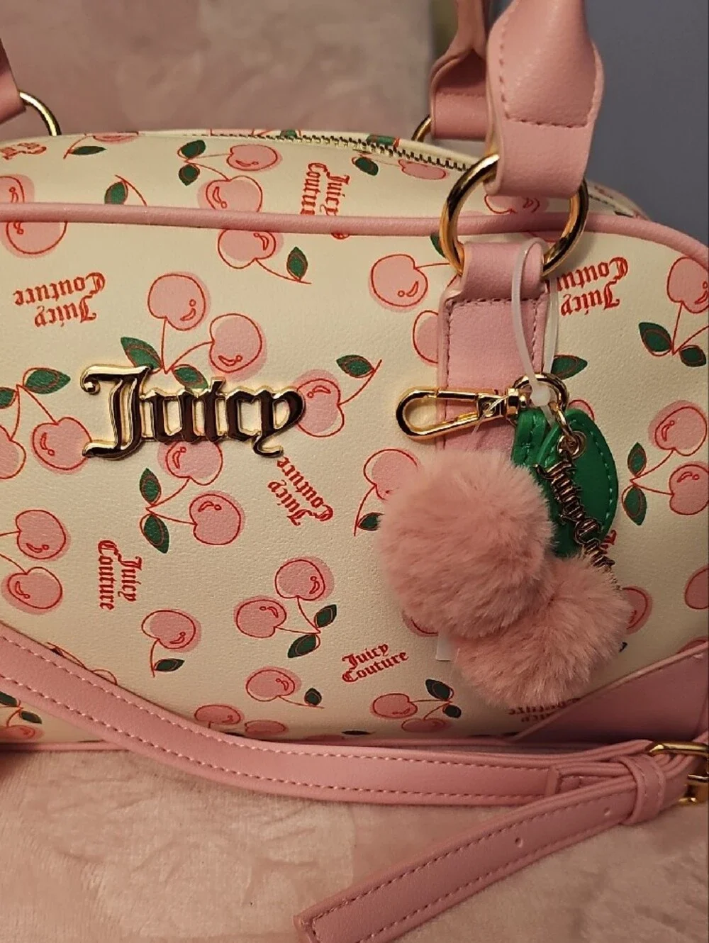 Juicy Couture Pink Cherry Print Purse with Pom-Pom Charm